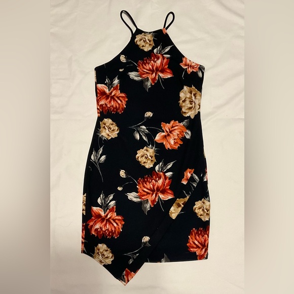 Women’s A’gaci Halter Navy Blue Dress with Flower Print. Lined Spandex Polyester - Picture 1 of 6